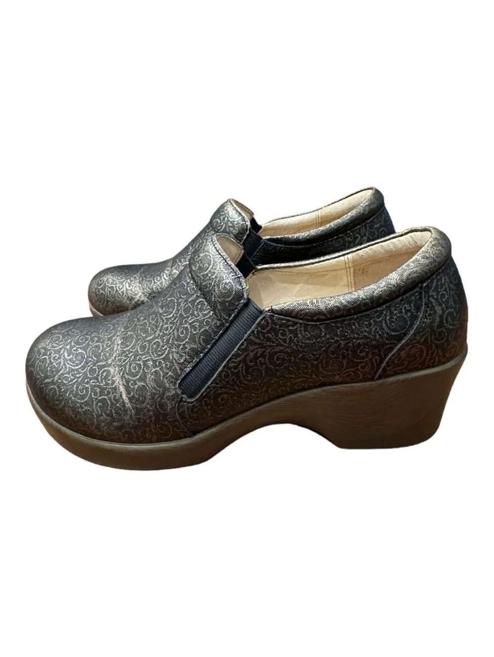 Alegria Eryn Bronze Leather Swirl Heeled Clogs Shoes Women’s Size 7.5 EU 38